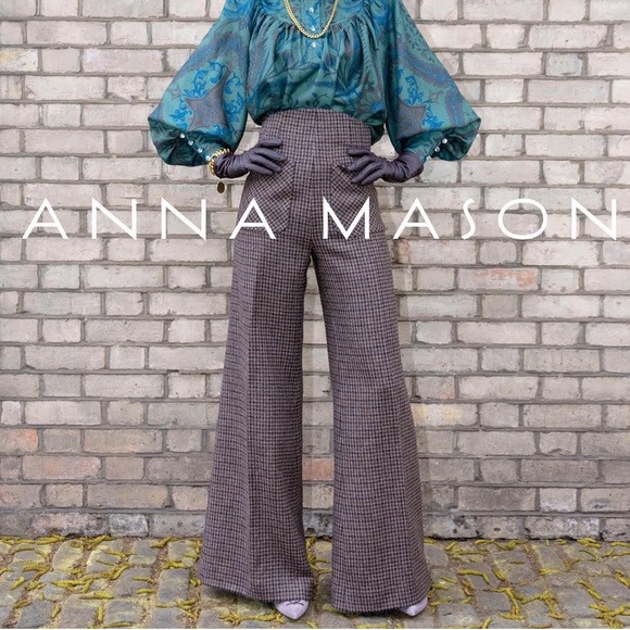 Anna Mason London Beau Trouser Wide Leg Pants Wool Tweed Plaid Check Brown Sz 4